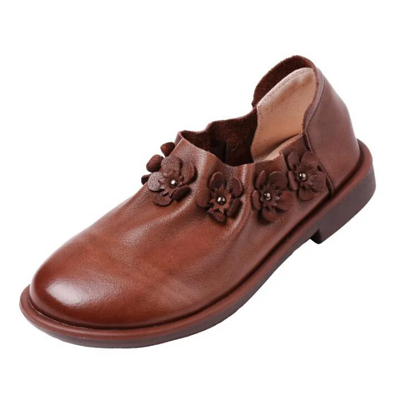 2020 New Women Flat Shoes Round Toe Slip-On Handmade Shoes Woman Genuine Leather Singles Shoes Women Loafers