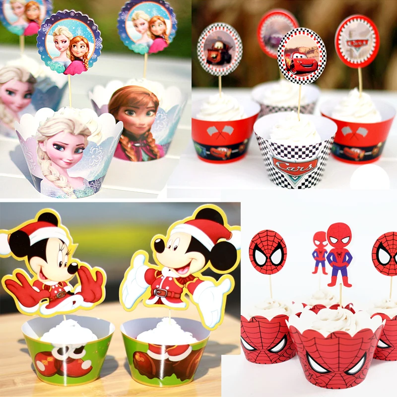 

Spiderman/Cars/Frozen Princess Cupcake Wrappers Baby Shower Decoration Birthday Party Mickey Minnie Theme Cake Toppers 12pcs/lot