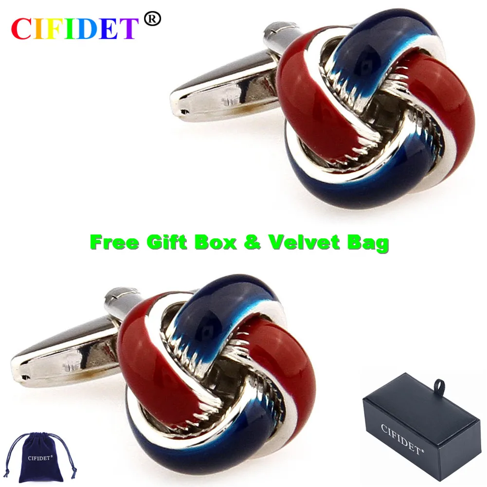 

CIFIDET Stainless Steel Mens Cufflink Dark Blue Red Knots Cuff Link With Velvet Bag and Gift Box Jewelry Accessories Present