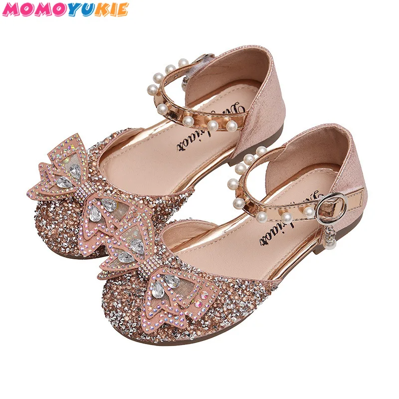 Zapatos con lazo de encaje de lentejuelas para ni&ntilde;as, zapatillas de baile de princesa con perlas bonitas, informales, para fiestas y bodas, 2021-4