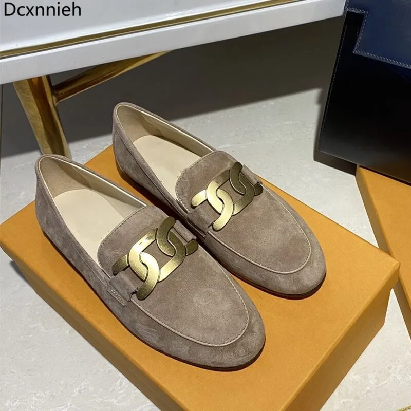 

Metal Buckle Brand Shoes Women Round Toe Genuine Leather Loafers Flat Mules Shoes Lady Comfort Lazy shoes Woman Zapatillas Mujer