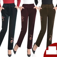 high quality women pants large size casual trousers embroidery corduroy add wool high waist trousers winte womens pants 1489