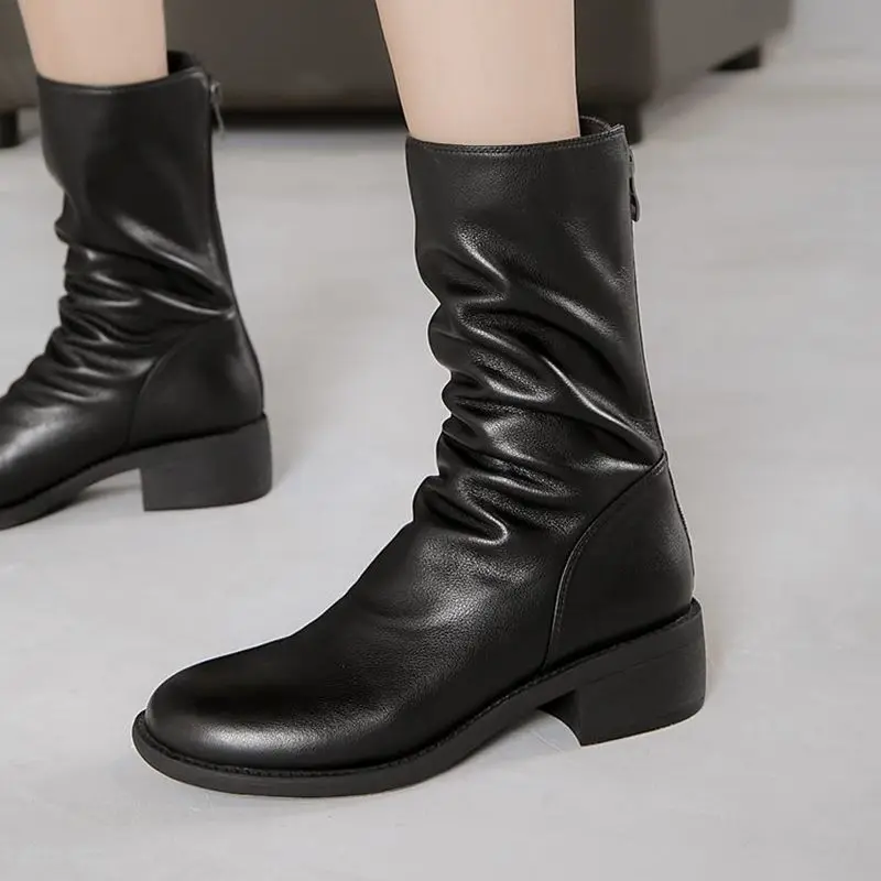 

ALLBITEFO SIze:34-42 Genuine Leather Thick Heels Party Women Boots Brand High Heels Ankle Boots For Women Winter Snow Boots