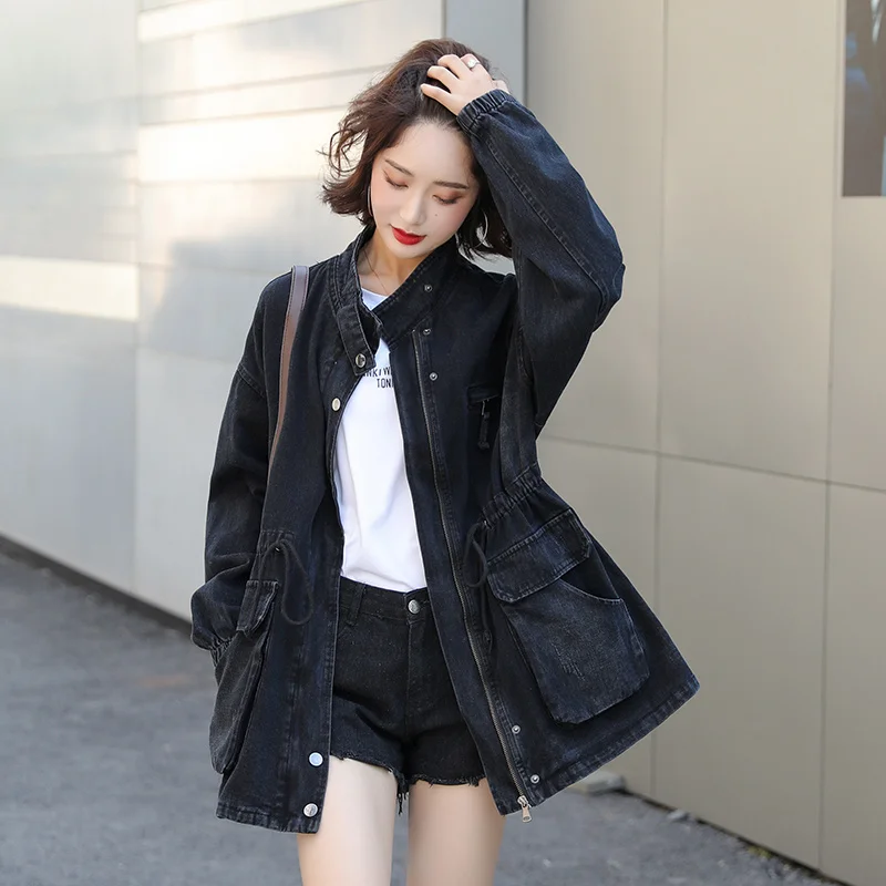 

Black Windbreaker Women's 2021 New Autumn Loose Fashion Pockets Drawstring Waist Stand-up Collar Denim Jacket Veste Jeans Femme