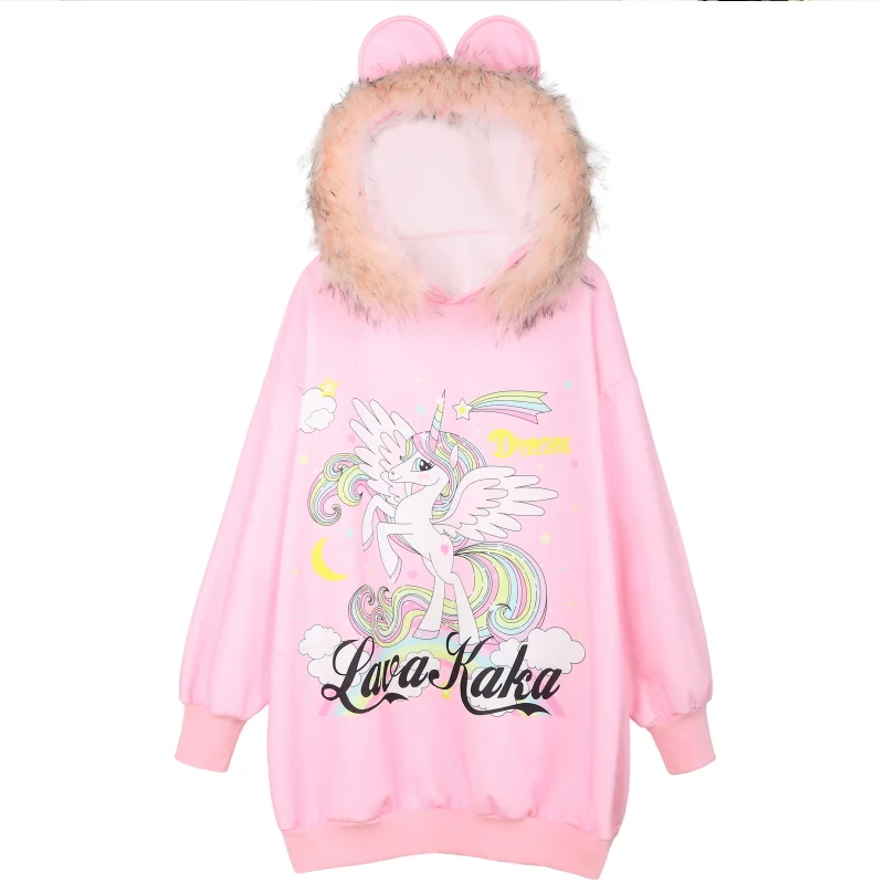 2020 весенние плотные толстовки с меховым воротником модные женские мультяшным