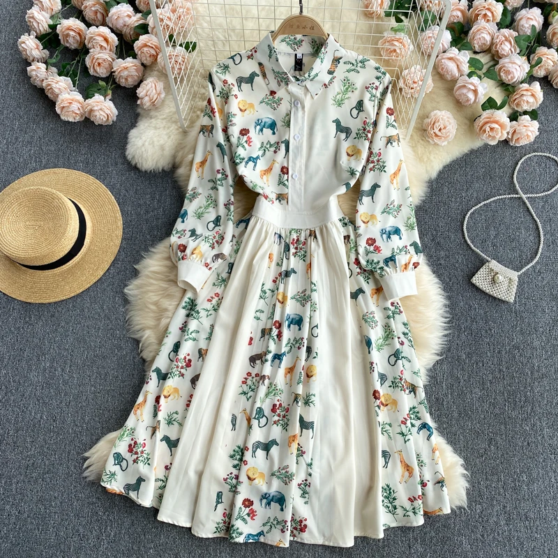 

Women's Spring Autumn Runway Fashion Long Sleeve Animal Print A-Line Dress Female High Waist Chic Travel Party Dress TB1148