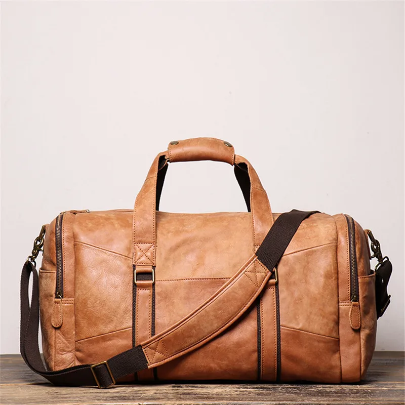 POOLOOS High Quality Large Big Vintage Brown Coffee Genuine Leather Business Men Travel Bags Shoulder Messenger Duffle Bag M9029