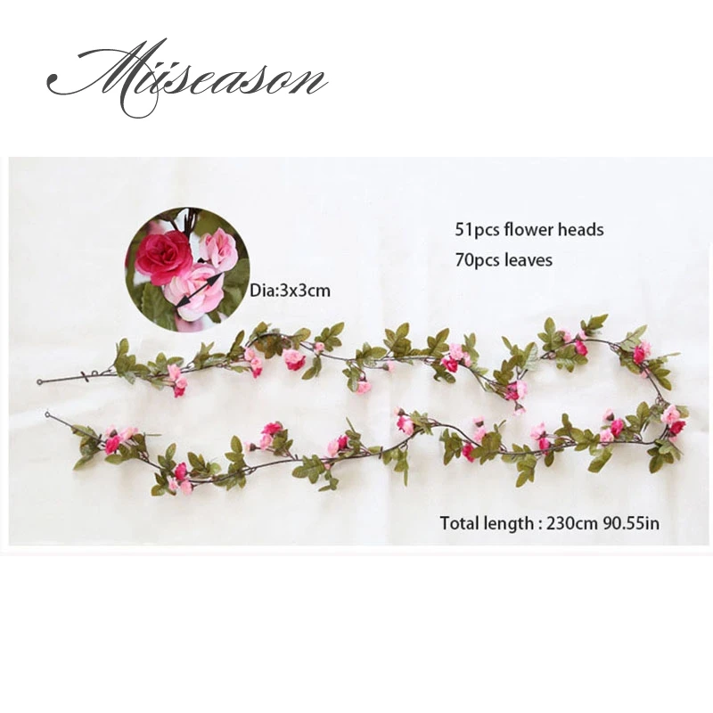 230cm/91in Silk Rose Wedding Decorations Ivy Vine Artificial Flowers Arch Decor with Green Leaves Hanging Wall Garland mini rose | Дом и сад