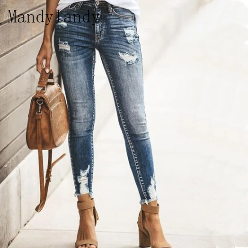

Mandylandy Women's Jeans Fashion Casual Denim Pants Plus Size Solid Color Mid Waist Washed Ripper Denim Trousers Jeans
