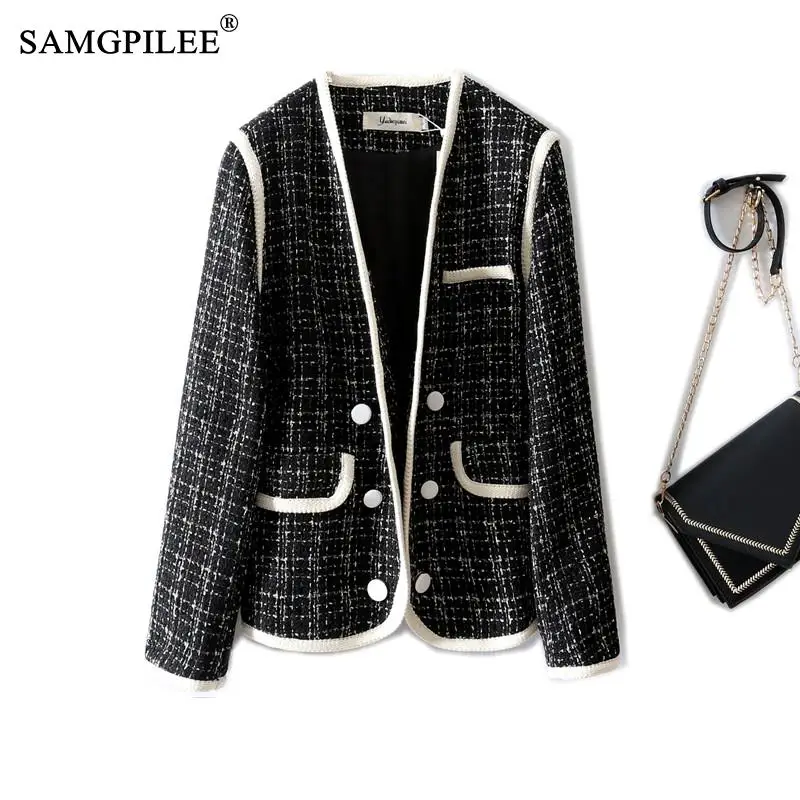 

SAMGPILEE 2021 New Autumn European Fashion Open Stitch Short Jackets Slim Pockets Full Sleeve Women clothes Cardigan Coats 4XL