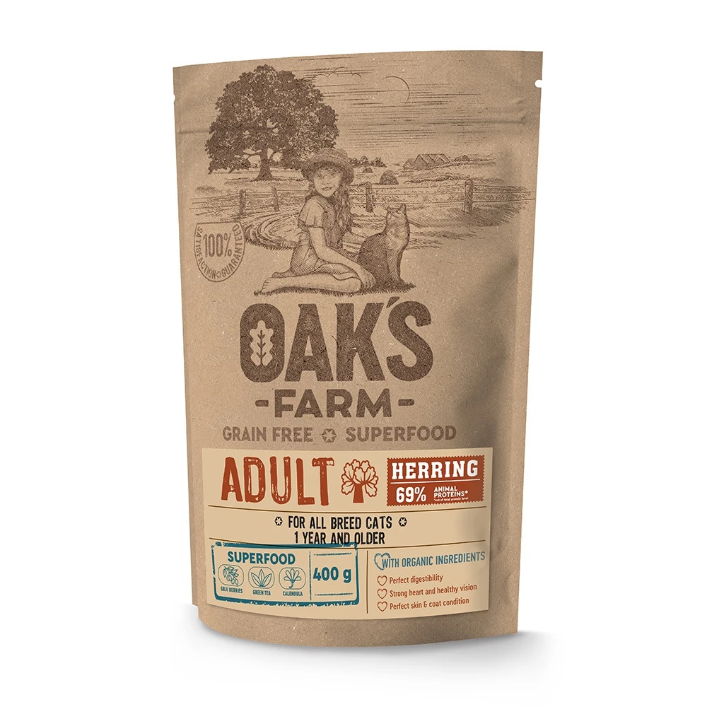 Корм сухой Oaks Farm Grain Free Adult Cat Беззерновой для кошек (сельдь) 400 гр. - купить по