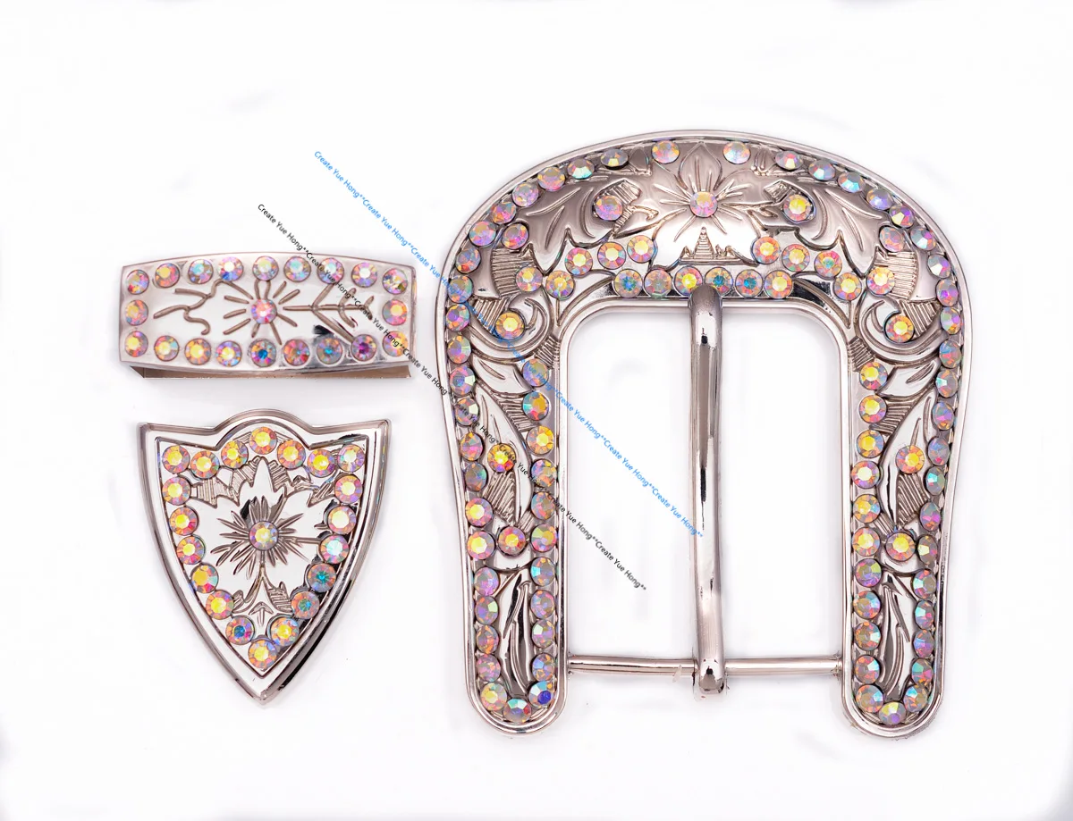 Hebilla de cinturón de cuero con diamantes de imitación, conjunto de tres piezas de diseño Floral plateado brillante, gran vaquero occidental, Rodeo Ranger