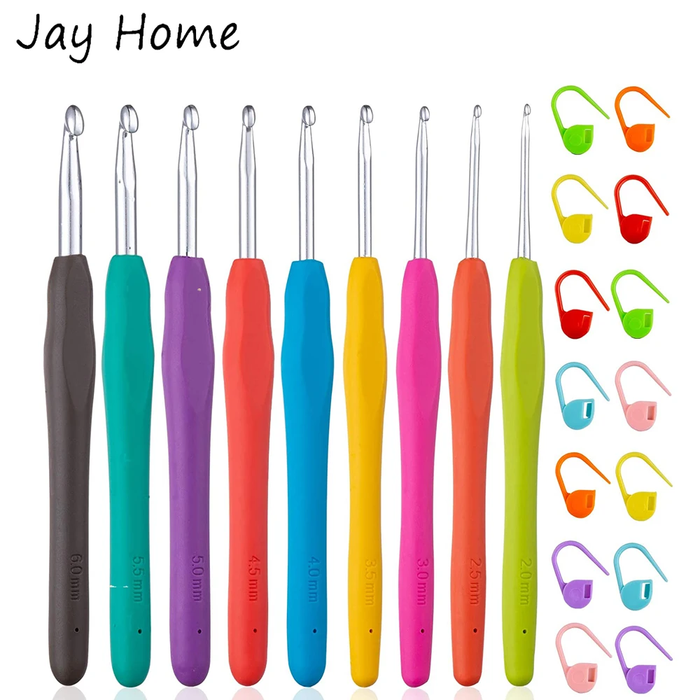 

9pcs Crochet Hook Sets 2-6mm Soft Grip Aluminum Knitting Needles Weaving Crochet Needles with Stitch Markers DIY Knitting Tools