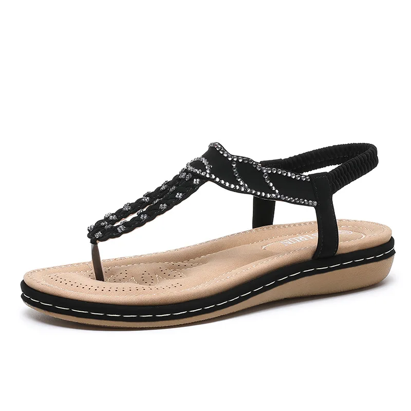 

Bohemian Comfortable Flats Sandals Women Summer 2021 ZAR Solid Casual Woman Crystal Clip Toe Beach Ladies Shoes Chaussure Femme