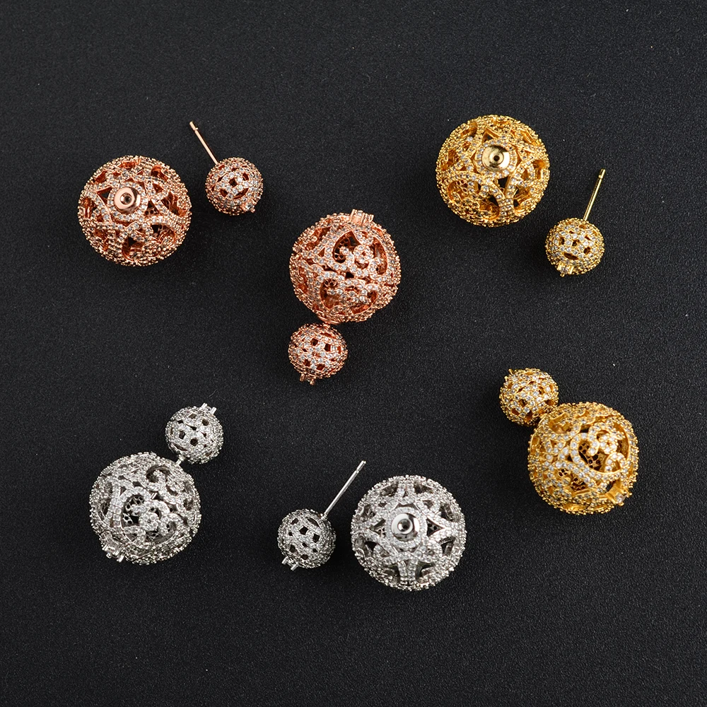 2 pairs 10-19mm Earrings Double sided Paved Crystal Ball Earrings