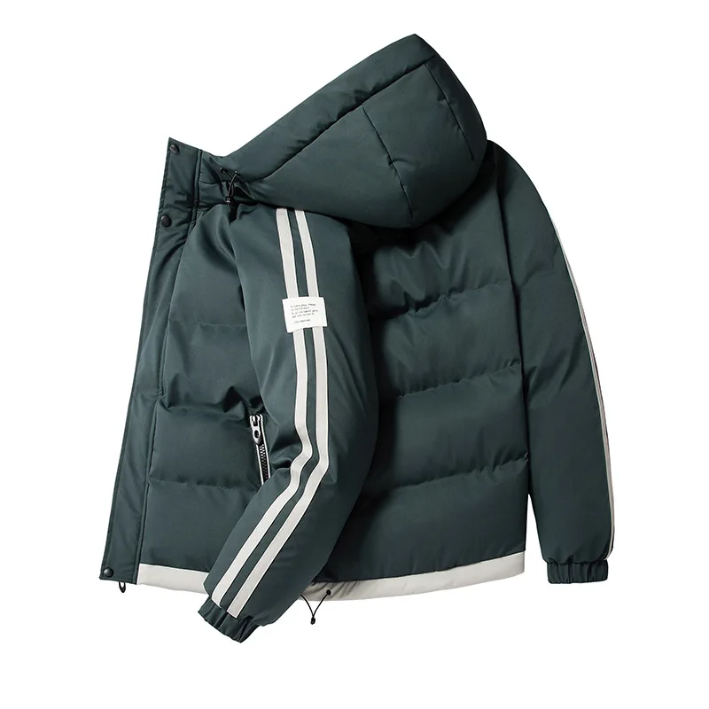 Men's Puffer Jacket Thick Winter Hooded Coat AW21 Casual Padded Stripe Tapped Sleeve Parka Jacket Outwear Male Clothes