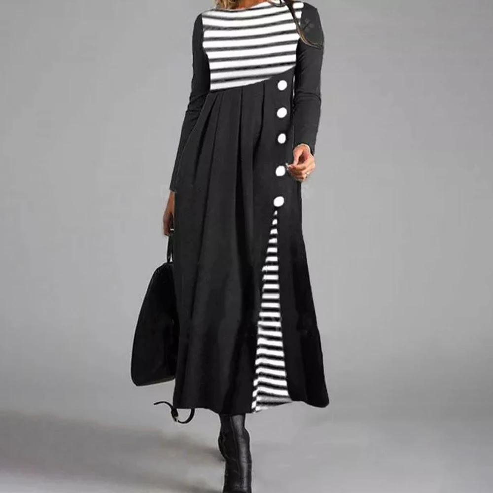 

Autumn Winter Dress Woman Striped Patchwork A-Line Long Sleeve Dress 2021 New Warm One Piece Skims Irregular Split Button Maxi