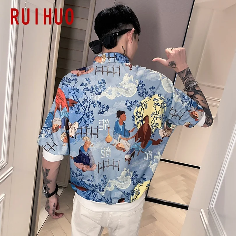 Повседневные рубашки RUIHUO с принтом в китайском стиле для мужчин одежда гавайская