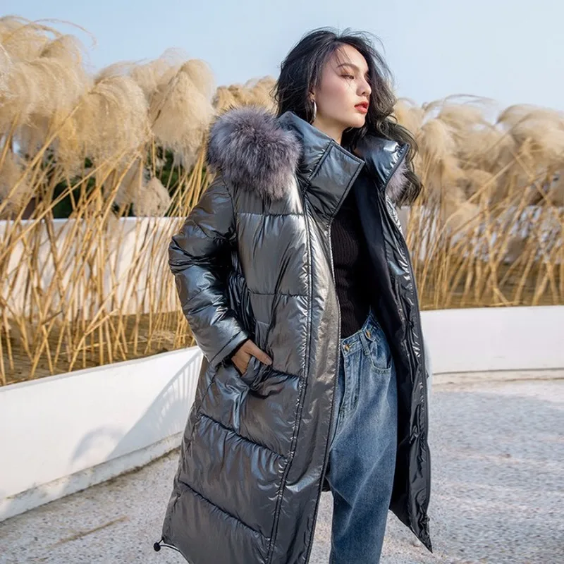 

2020 winter new European and American style cotton-padded jacket long over the knee shiny fashion loose large fur collar
