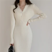 french sweater dress is thin sexy tight fitting long sleeved slim fitting knitting tea break dress female autumn and winter