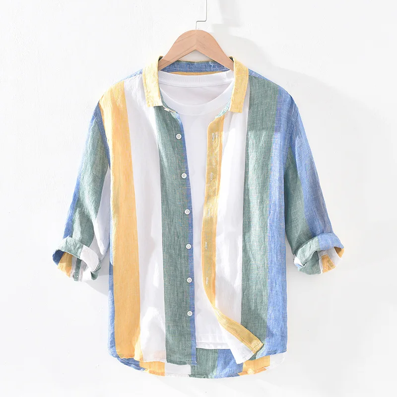 

Striped Printed Men's Shirt Linen Casual Loose Summer Spring Thin Tops Male Clothes Single Breasted Streetwear 2021 Fashion Hot