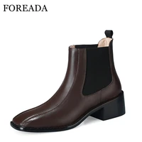 foreada square toe chelsea boots woman real leather high heel ankle boots block heel short boots female shoes autumn winter 40
