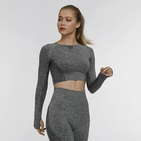 seamlesswomens yoga shirt long sleeve solid color breathable sexy tight crop top nylon fitness sportswear yoga wear femme 2021