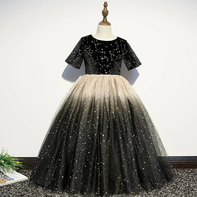 Бесплатная доставка платья для девочек с черными цветами вечерние и свадьбы