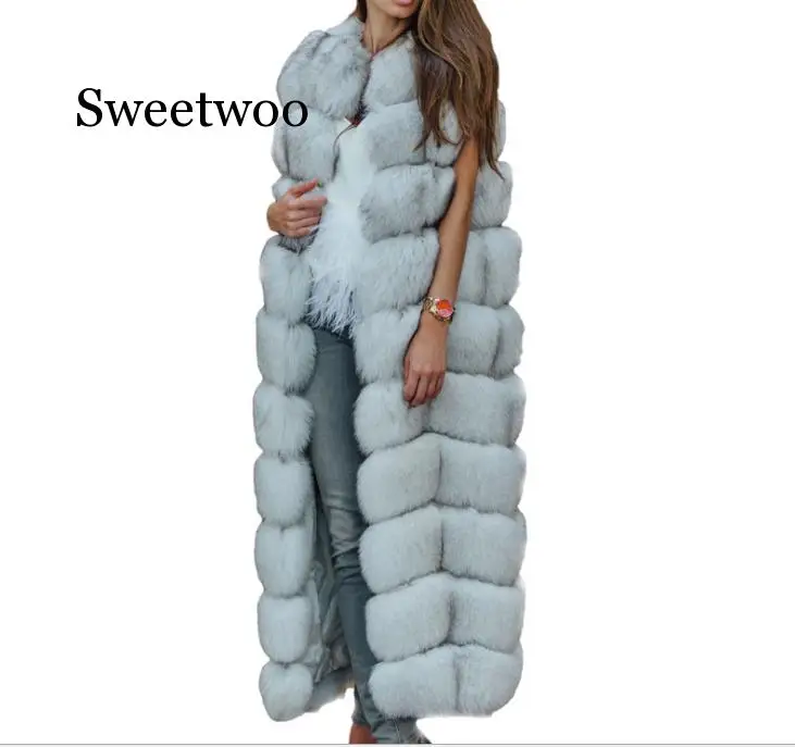 Winter Super Long Fur Vest  Women Faux Fox Fur Vest Furry Slim Woman Fake Fur Coat Jacket Long Outwear
