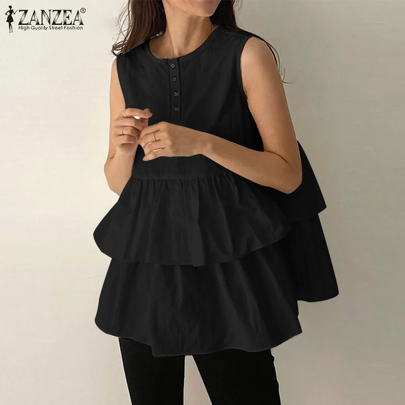 

ZANZEA Summer Women Elegant Sleeveless Tank Tops Casual Vintage Ruffle Blouse Button Chemise Femme Baggy Party Shirts Oversized