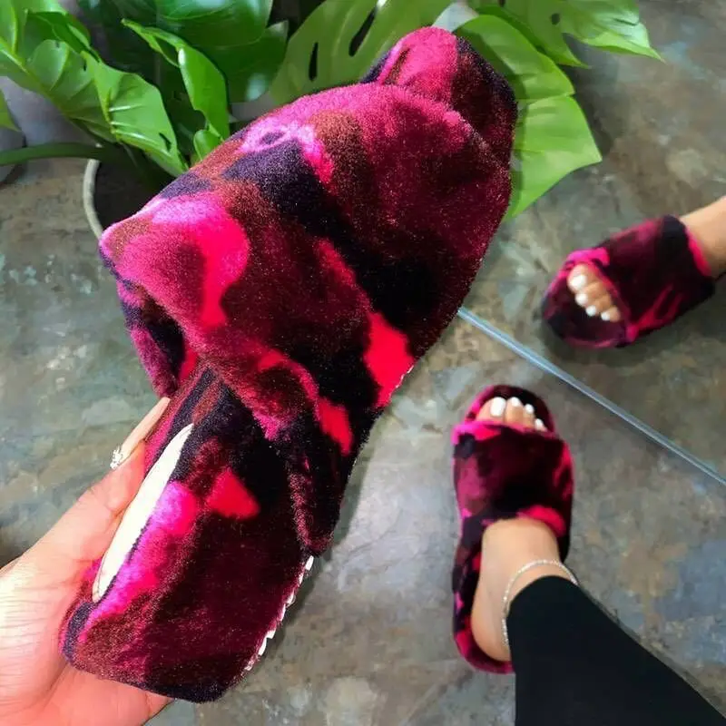 

Leopard grain Fur slippers women Furry slippers Female platform cozy Home slippers for women winter indoor soft house shoes