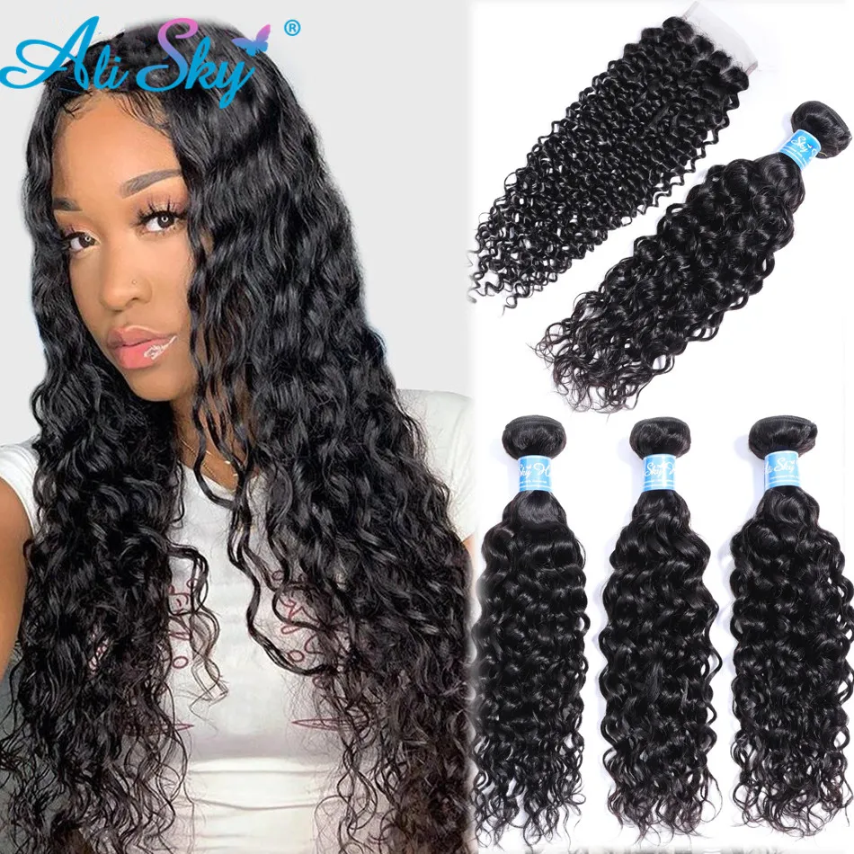 Alisky Brazilian Weaving Water Wave Bundles With Frontal Closure 100% Human Hair Bundles With Closure Raw Indian Hair Extensions