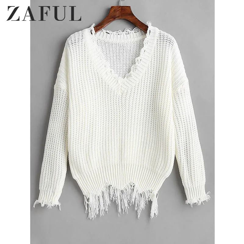 ZAFUL с открытыми плечами и v-образным вырезом искусственно Состаренный свитер