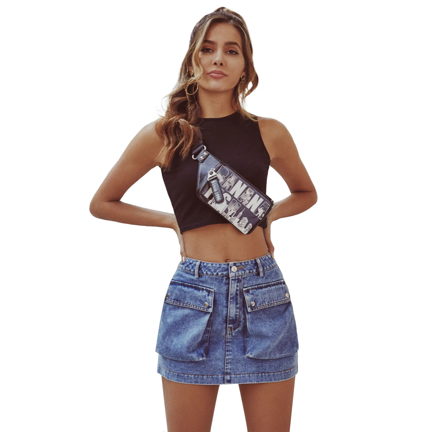 

2021 spring new European and American retro ins wind fashion wild high waist denim skirt