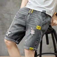 new beach casual men shorts straight ripped knee length denim shorts drawstring loose hole male short jeans patchwork jeans