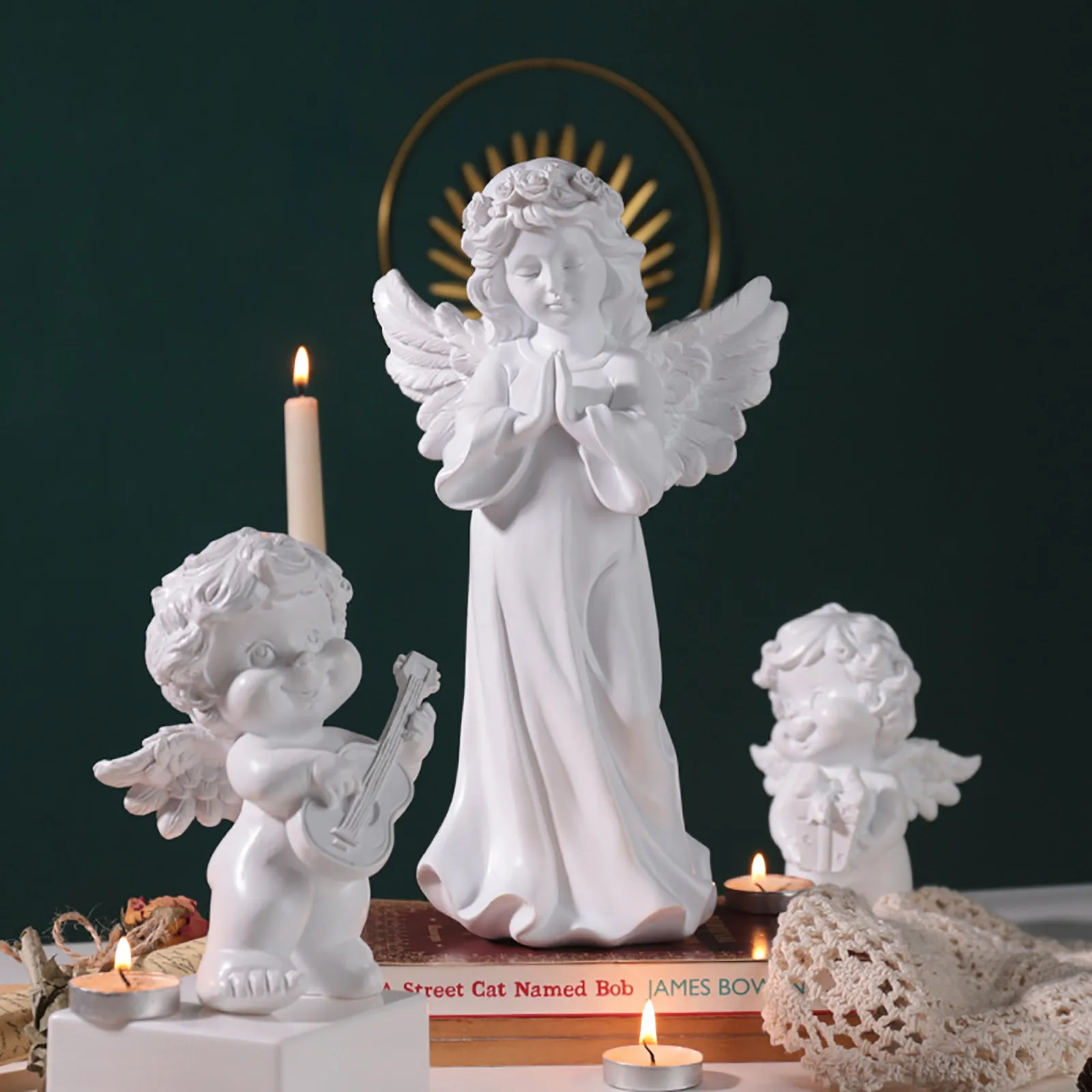 

Blessing Holy Family Angel Resin Statues Mercy Archangle Virgin Mary with Happy Angel Babies Music Prodigy Sculpture Statue