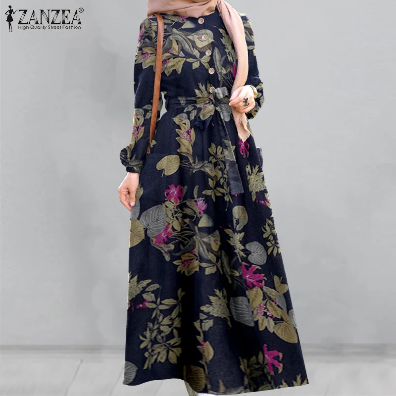Женское платье-макси с цветочным принтом, длинный сарафан большого размера с поясом, в мусульманском стиле ZANZEA, осень 2022