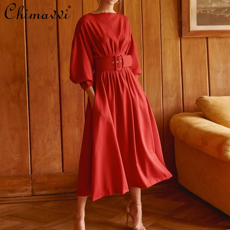 

High Waist Slimming Pleated Dress 2021 Spring/Summer Red Seven Points Lantern Sleeve Dress Elegant Slash-Neck Dress for Women
