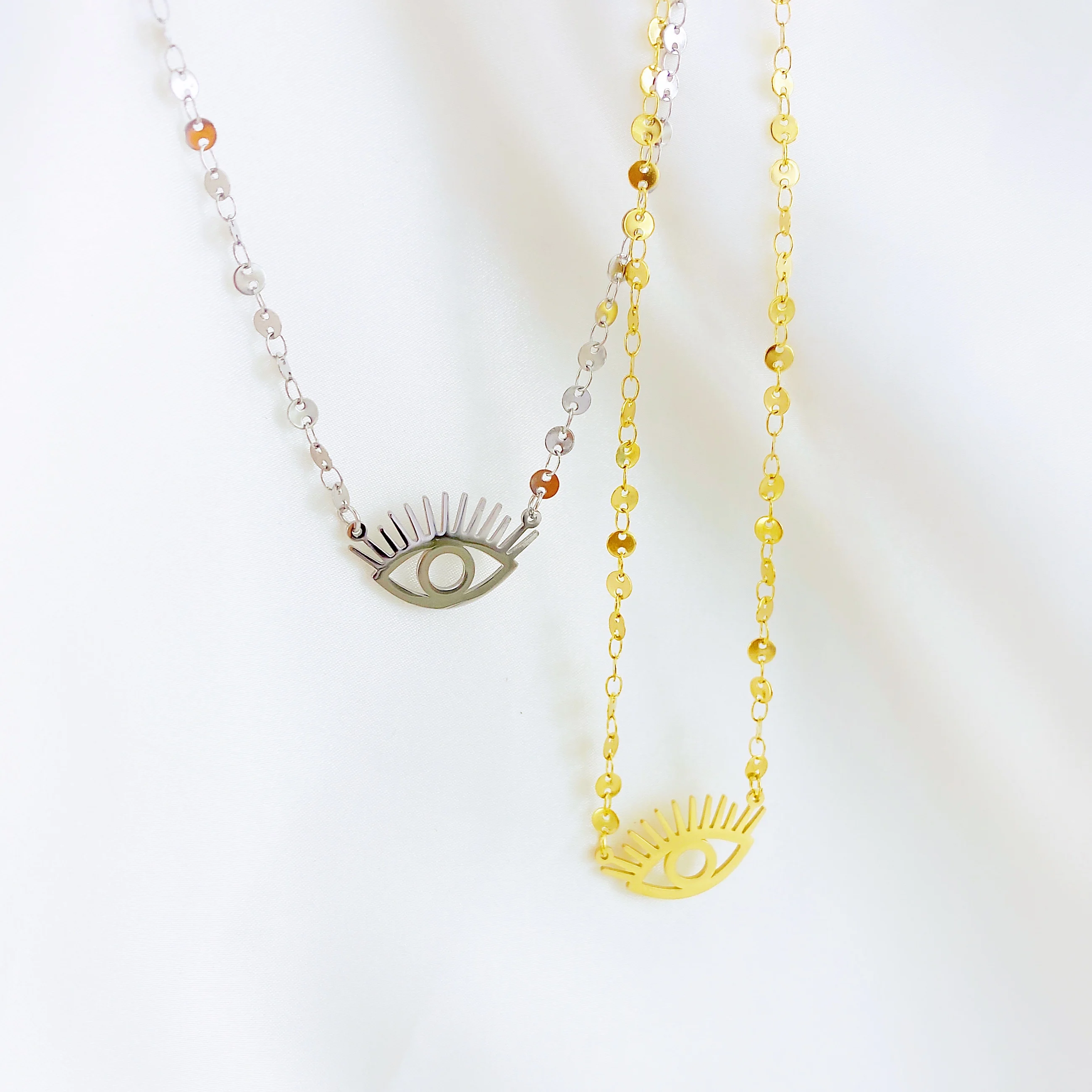 

New Bohemian Chic Vintage Stainless Steel Glamour Evil Eyes Necklace 45+5CM For Women Style Party Gifts Wholesale.