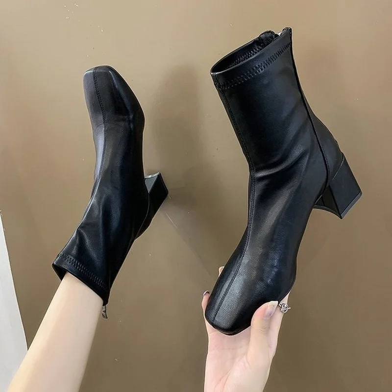 

Women Ankle Boots Woman Square Heel Fashion Zipper Woman Shoes 2021 Autumn Winter Elegant White Black Short Women's Booties