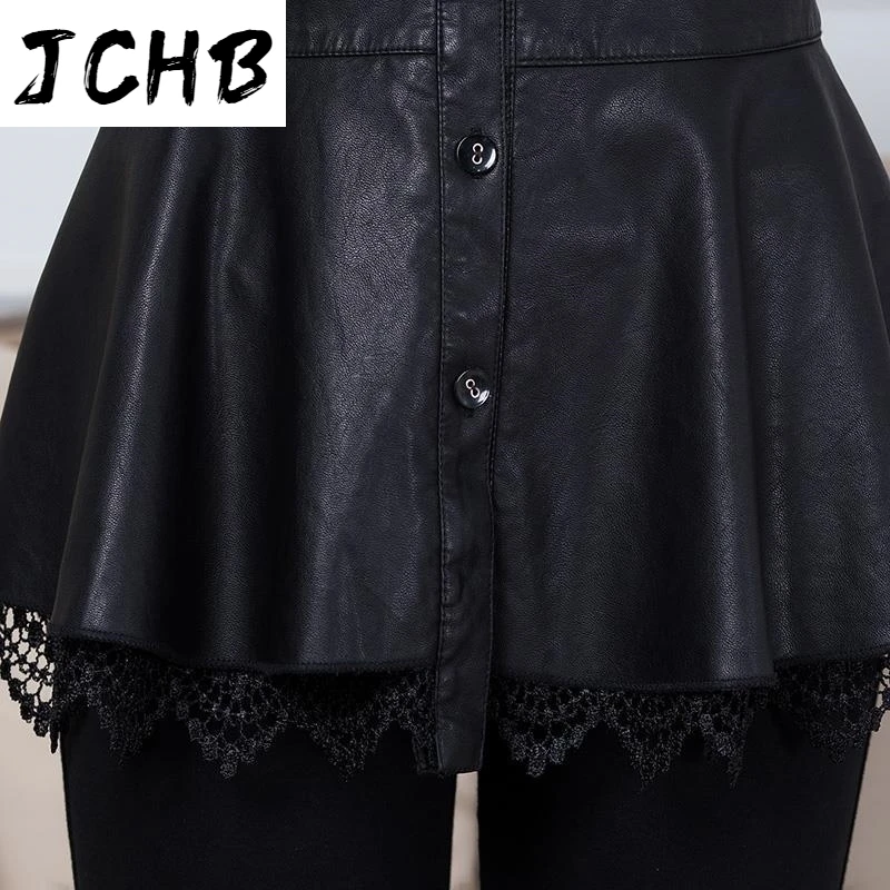 

JCHB 2021 new winter turn-down fur full sleeves PU leather single breasted high waist A-line dress female vestido WO66401