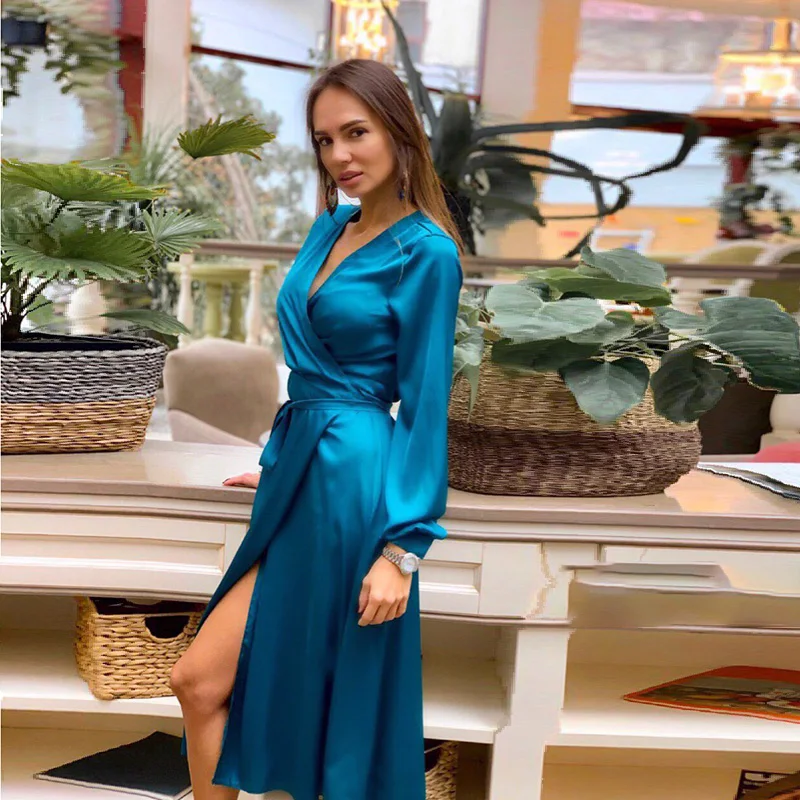 

Women Vintage V-Neck Full Lantern Sleeve Solid Dress Sashes Robe Elegant Mid-Calf Dress 2020 New Arrival Autumn Fashion Dress