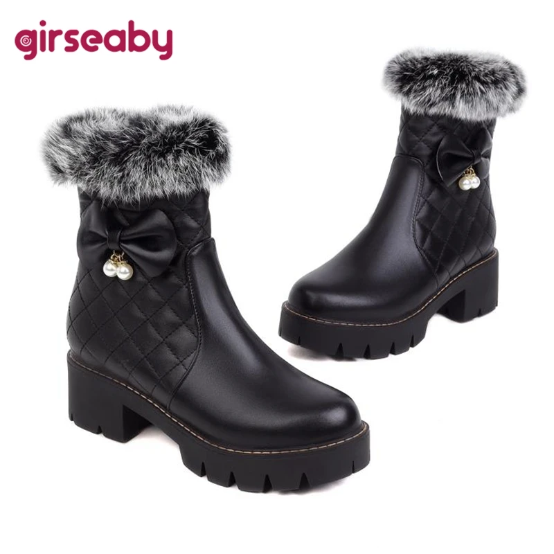 

Girseaby Snow Woman Mid-Calf Boots Round Toe Flat Low Heels Zipper Bowtie Grid Size 34-43 Leisure Black White Winter Warm S2689