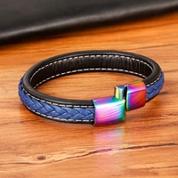colorful stainless steel clasp stitching mens leather bracelet special blue leather multi size color christmas gift big sale