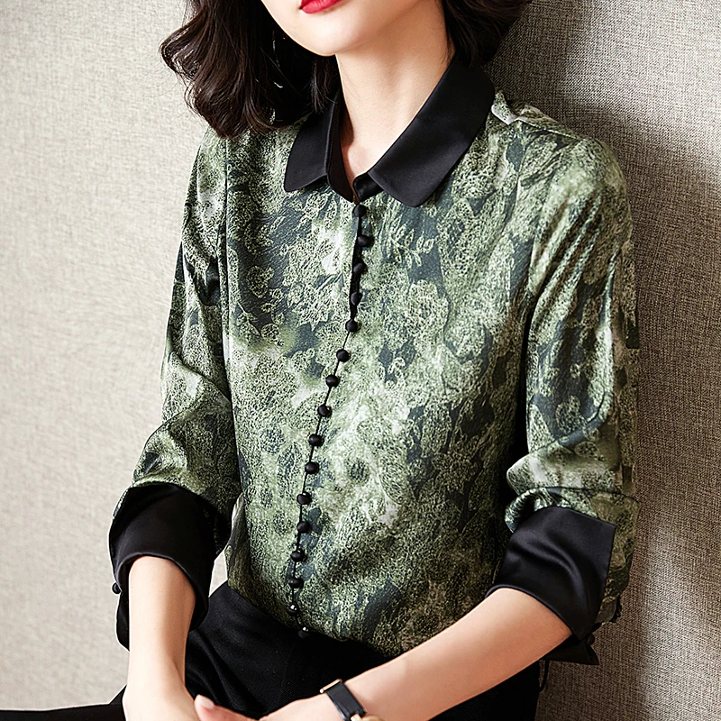 

2021 autumn new printed chiffon shirt lapel long-sleeved shirt all-match shirt button up shirt womens tops