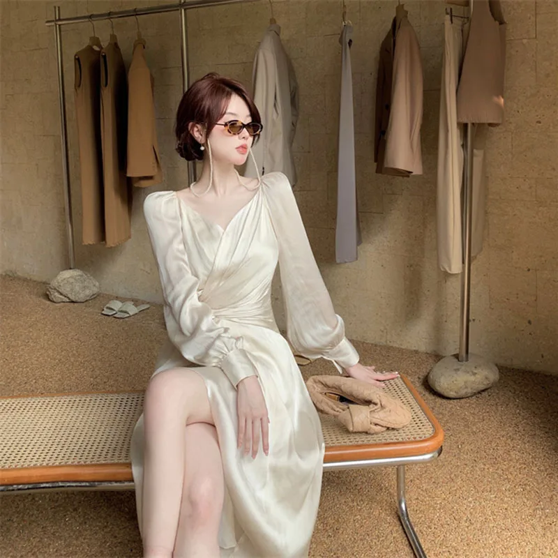 

Винтажное шифоновое кружевное платье с цветочным узором для женщин вечернее корейское длинное платье с V-образным вырезом шикарное платье ...