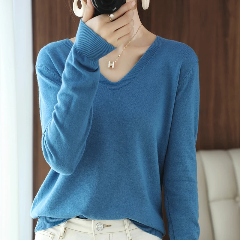 

Spring And Autumn Women's Solid Color Basic Wide V-neck Knitted Chic Pullover Loose Korean Sweater Western Style Versatile