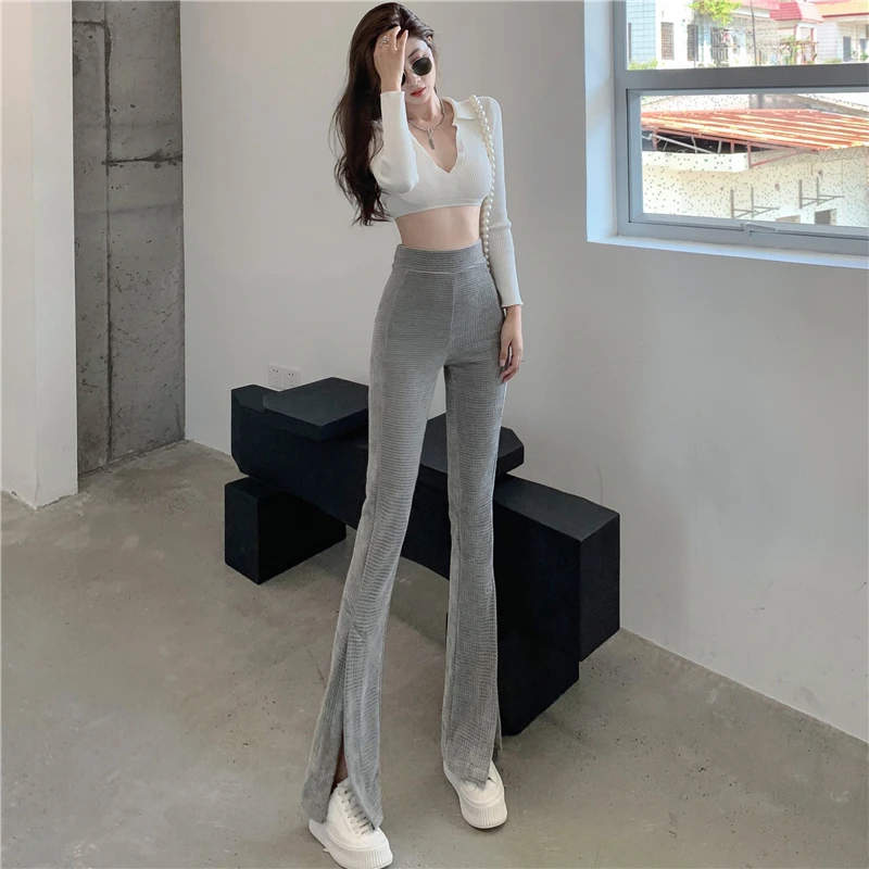 

2021 Fashion Women's Clothing autumn new pants for women Korean style High waist Solid color Slim Split fork Casual Flared pants