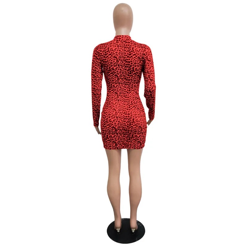 

Leopard Printed Vintage Club Party Dress Women Mock Neck Full Sleeve Bodycon Dresses Autumn Winter High Waist Package Hip Dress