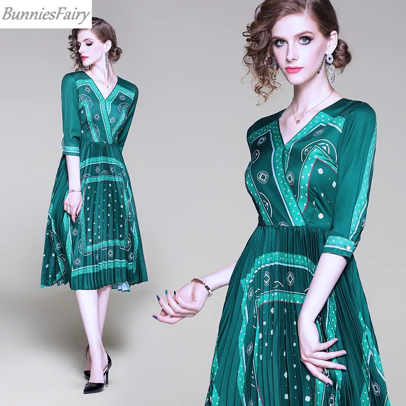 BunniesFairy 2019 Autumn New Women Elegant Vintage Retro Green Geometric Floral Print Pleated Dress V-neck Three Quarter Sleeve | Женская